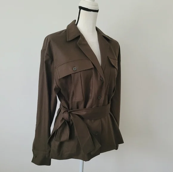 Zara Belted Pocket Blazer Jacket Tie Waist Khaki Size XS - Picture 5 of 12